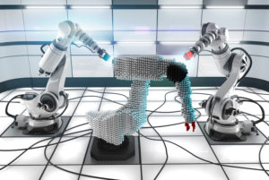 Two robots build the third, stylised prototype in a light, clinical laboratory Two robots build the third, stylised prototype in a light, clinical laboratory